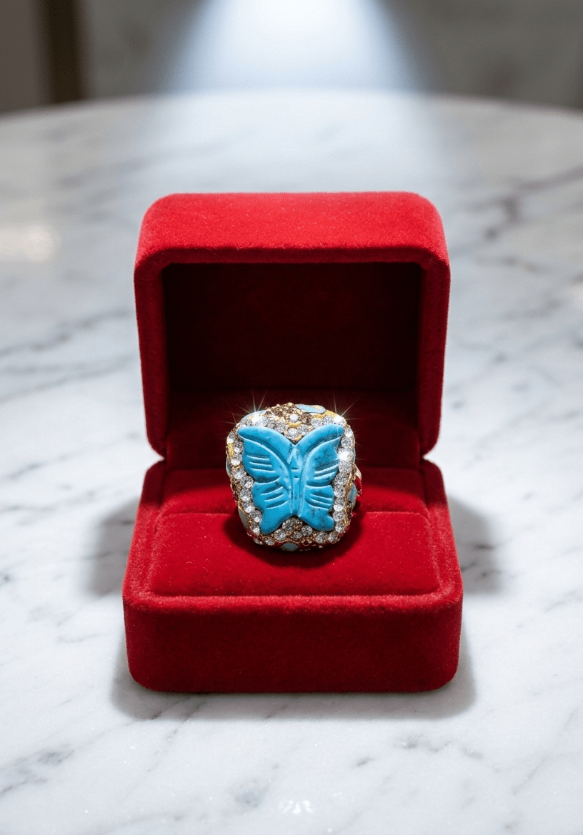 Blue Butterfly Statement Ring — Size 4
