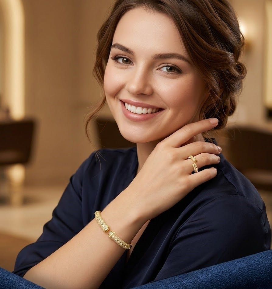Floral Sparkle Cuff & Ring Set — Gold Tone